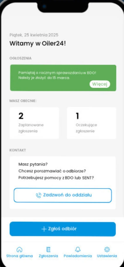 Mobilny widok zgłoszeń i odbiorów dla pracownika terenowego